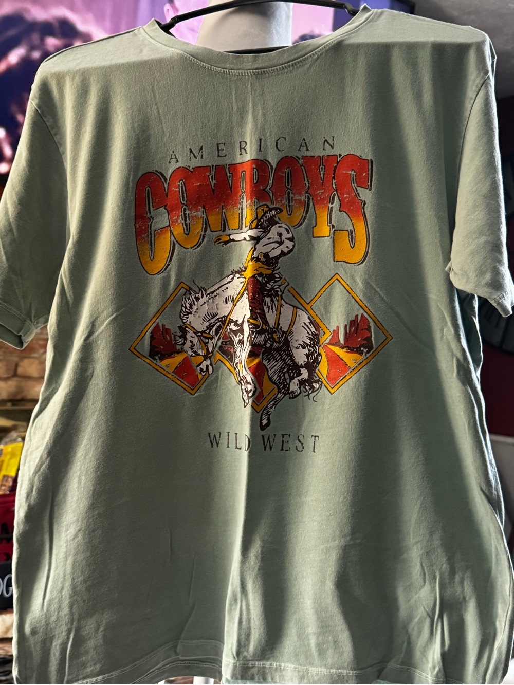 Occasion Wild West Cowboy Graphic Tee - Sage Green with Red & Yellow Print